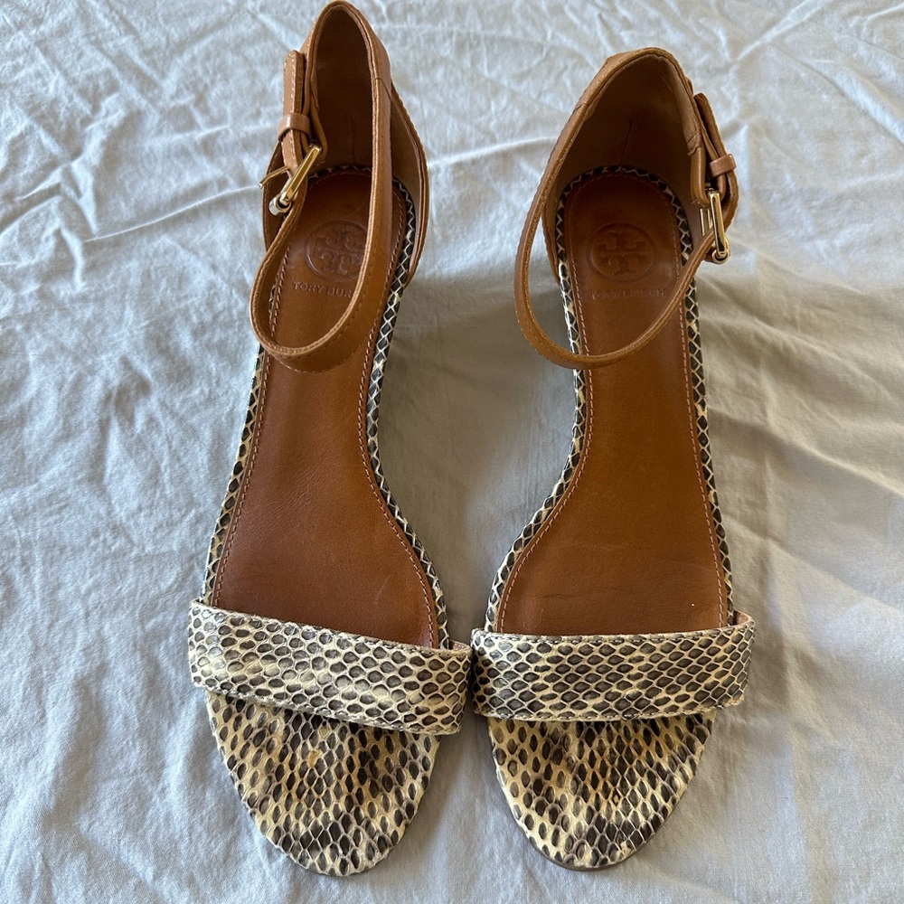 Tory Burch Snakeskin and Brown Sandals